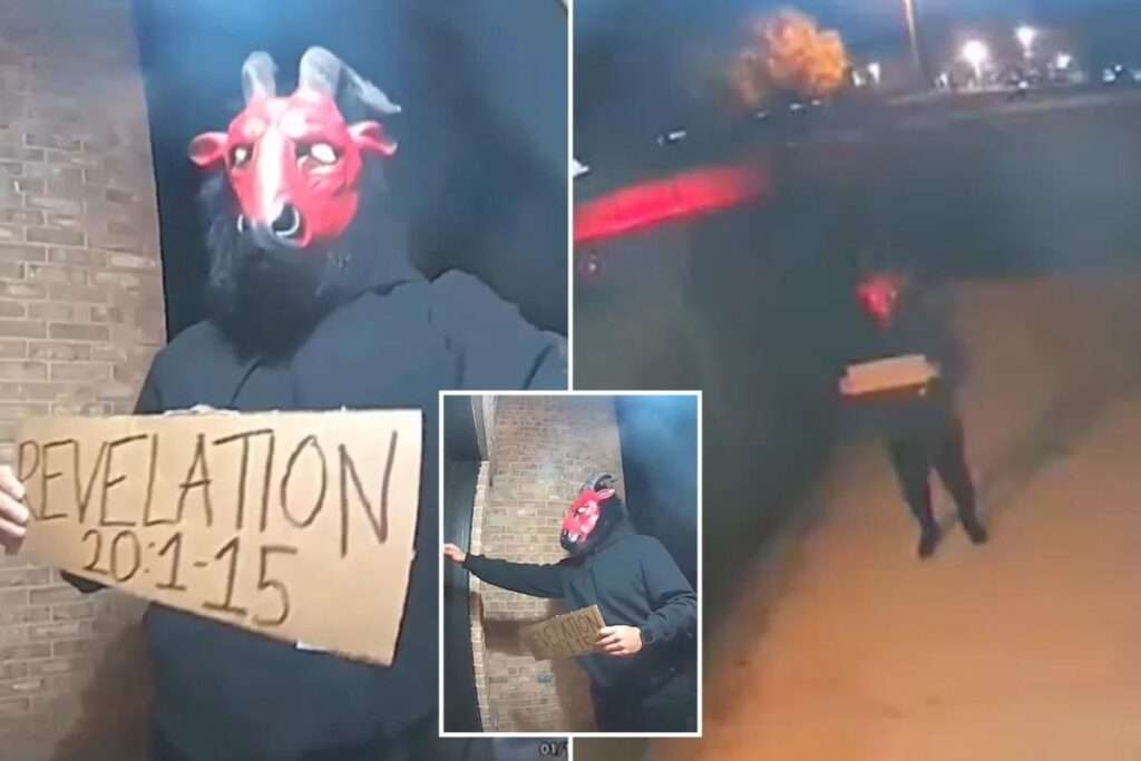 man at the door with the bible verse wearing satanic mask